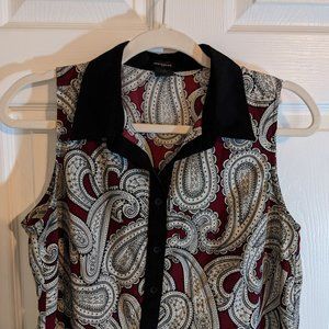Ann Taylor Paisley Black & Maroon Sleeveless Collared Shirt Dress - size M
